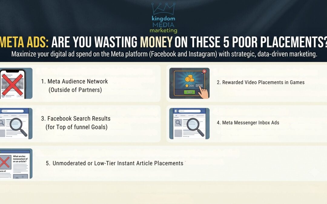 Infographic titled "Meta Ads: Are You Wasting Money on These 5 Poor Placements?" listing Meta Audience Network, Rewarded Video Placements in Games, Facebook Search Results, Meta Messenger Inbox Ads, and Unmoderated Instant Article Placements.